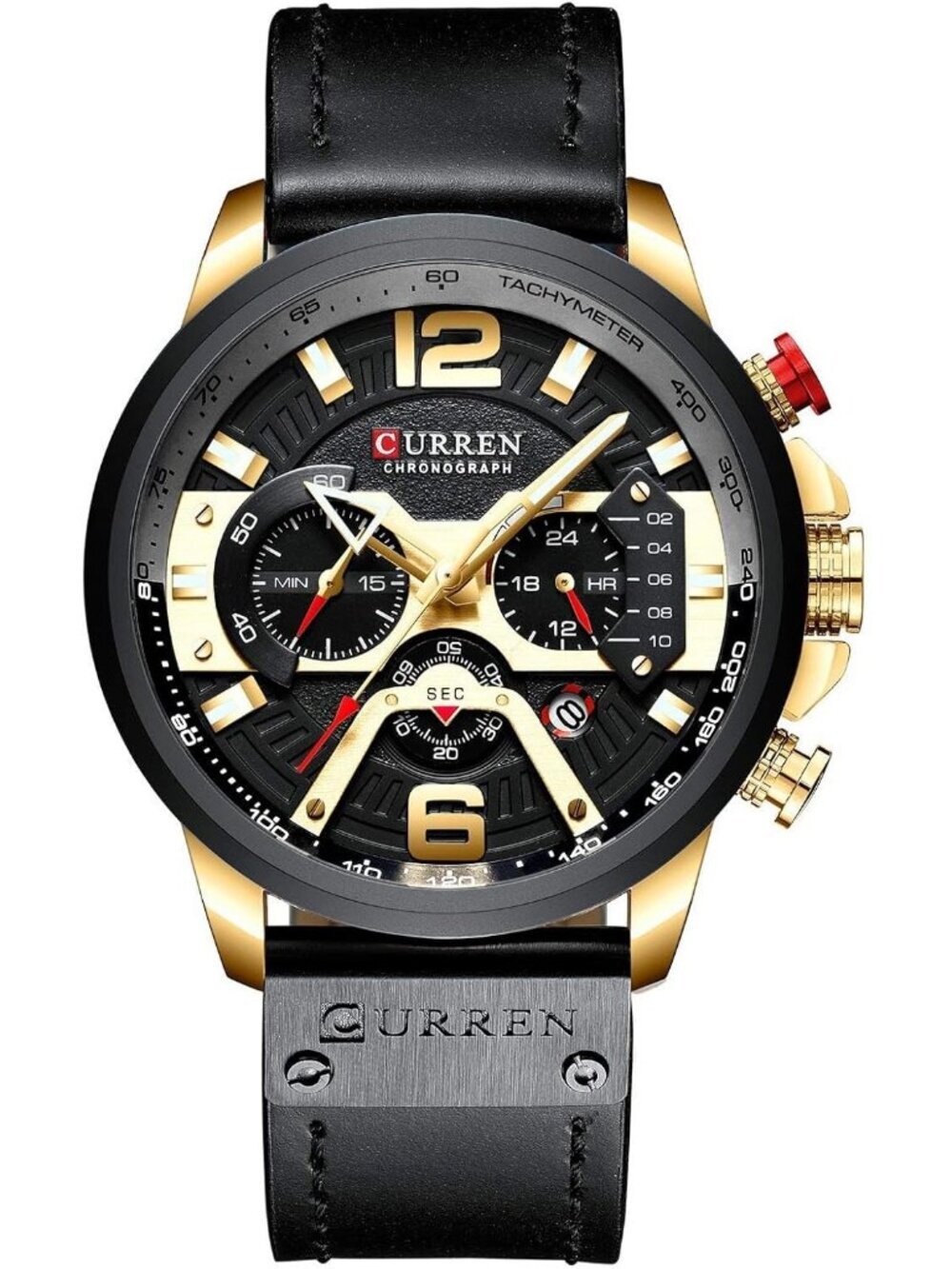Men's Black Gold Analog Quartz Waterproof Leather Strap Chronograph Luxury Watch